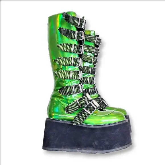 Sold-Demonia acid green glow in the dark mega platform knee-high boots size 7 US - Picture 5 of 10